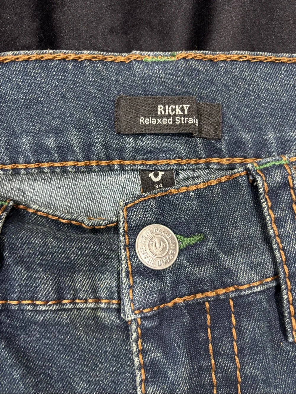 True Religion Blue Jeans with Green Stitching Accent